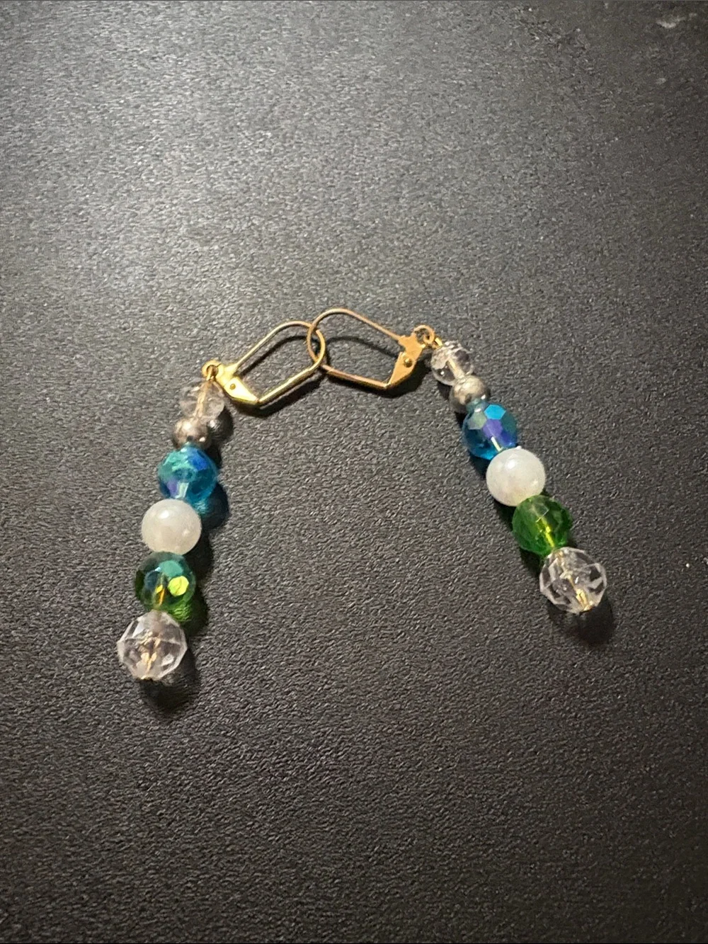 Handmade Green & Blue Beaded Drop Earrings - Gold Tone